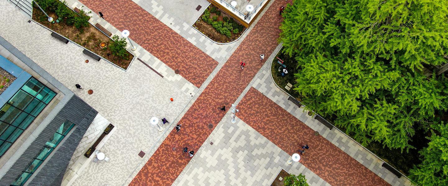 aerial shot of campus walkways.